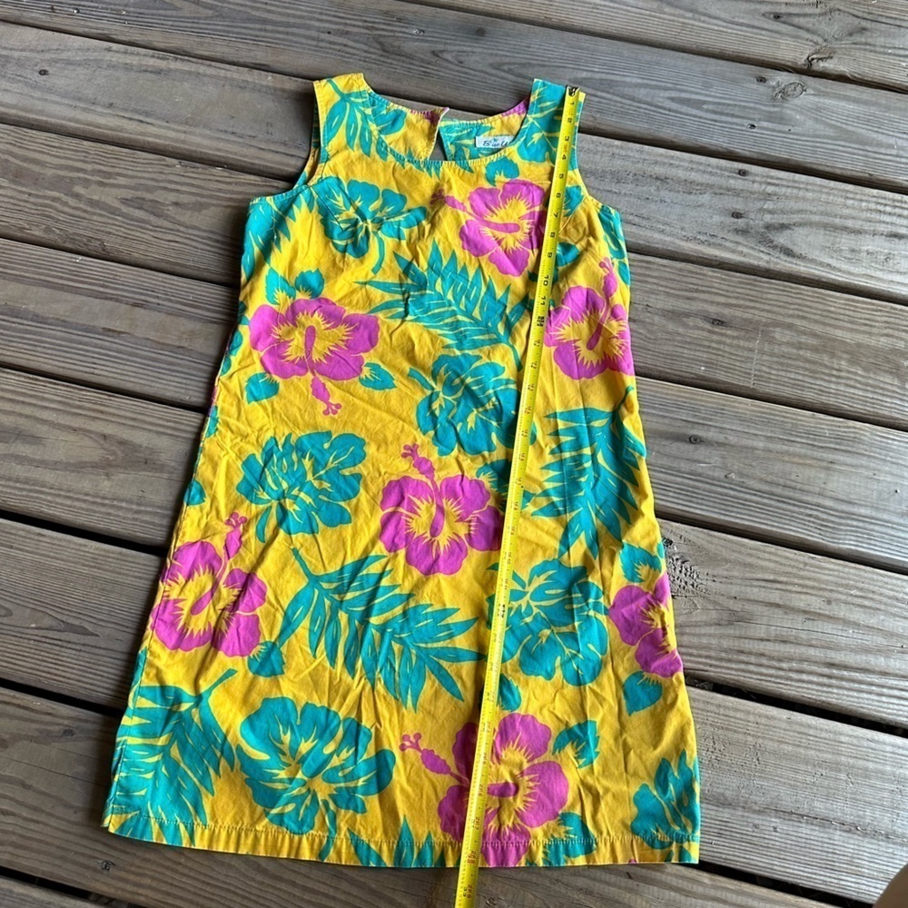 Vintage Blue Water Yellow Floral Dress Tropical Sleeveless Beach Vacation Mini S - Picture 13 of 15